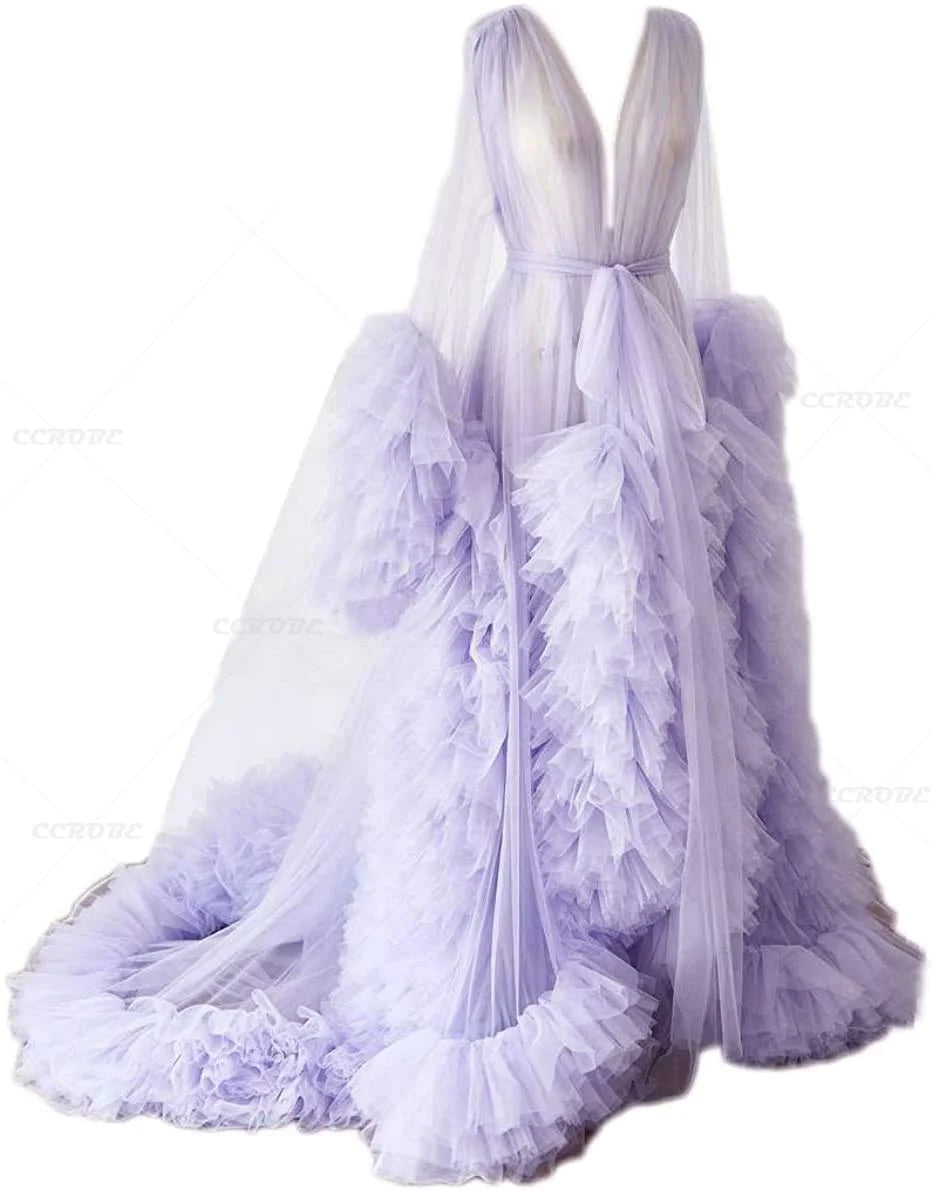 Women's Dressing Gown Perspective Sheer Long Tulle Robe Puffy Pregnancy Maternity Dress for Baby Shower Nightgown Sleepwear