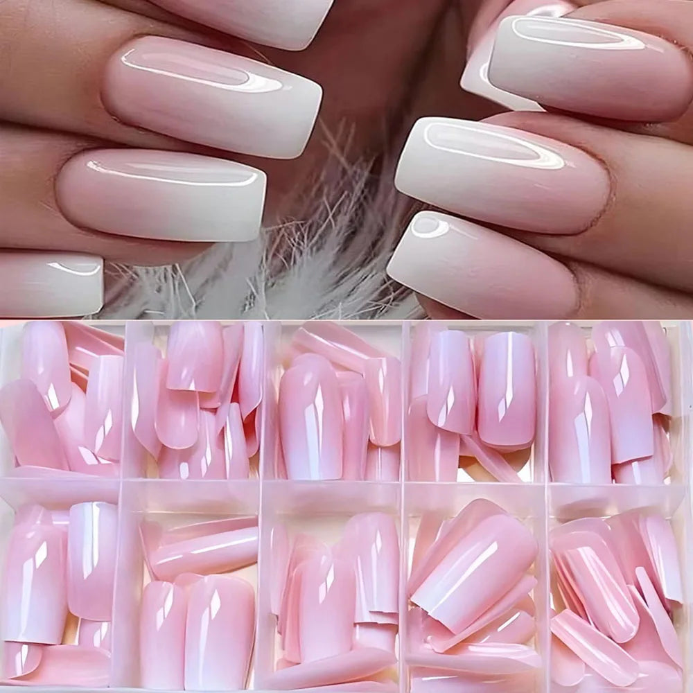 120pcs Pink To White Ombre Press-On Nails For Women Pink Gradient Medium Square Fasle Nails Glossy Finish Durable Fake Nail Tips