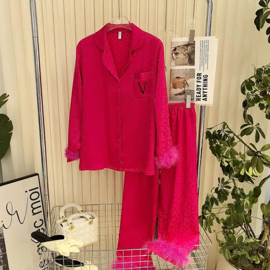 Leopard Pajamas Set Women's Sleepwear Fashion Feather Patchwork Shirty&pants Luxury Outfit Lady Casual Homewear Nightwear