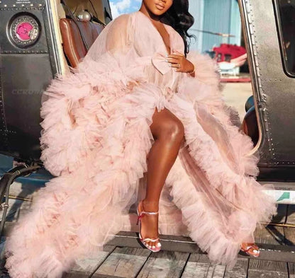 Women's Dressing Gown Perspective Sheer Long Tulle Robe Puffy Pregnancy Maternity Dress for Baby Shower Nightgown Sleepwear