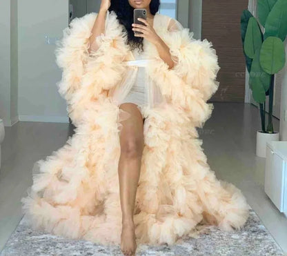 Women's Dressing Gown Perspective Sheer Long Tulle Robe Puffy Pregnancy Maternity Dress for Baby Shower Nightgown Sleepwear