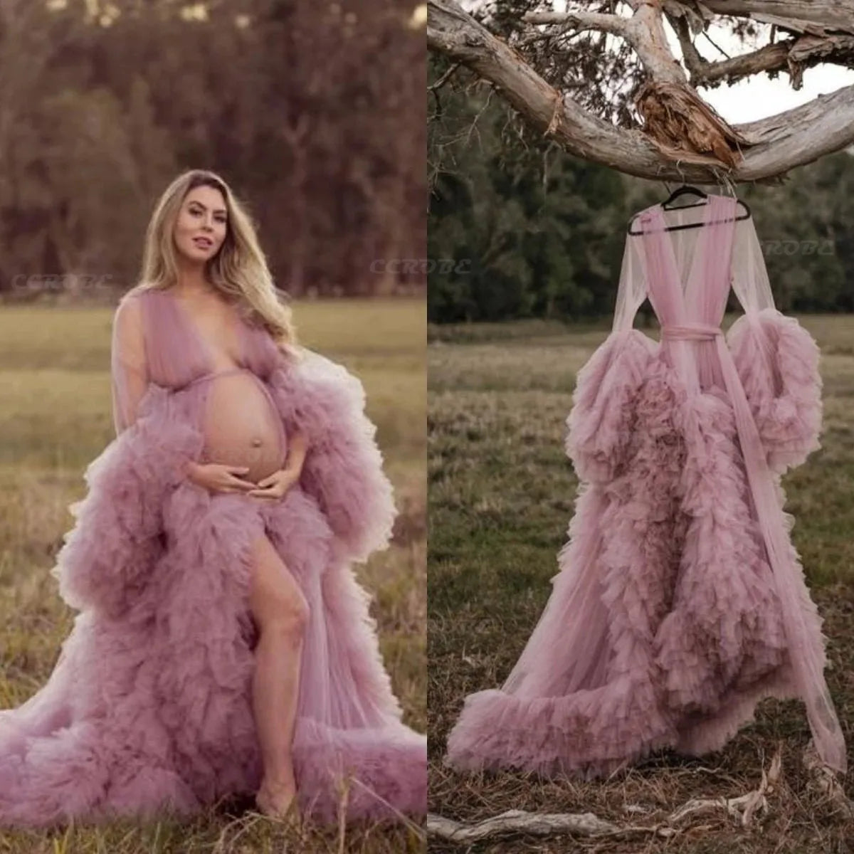 Women's Dressing Gown Perspective Sheer Long Tulle Robe Puffy Pregnancy Maternity Dress for Baby Shower Nightgown Sleepwear