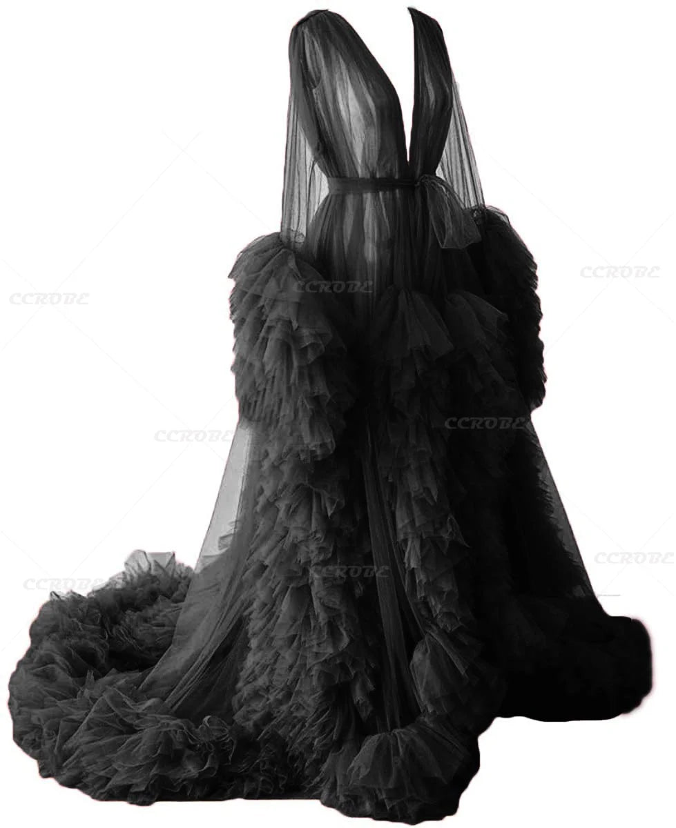 Women's Dressing Gown Perspective Sheer Long Tulle Robe Puffy Pregnancy Maternity Dress for Baby Shower Nightgown Sleepwear
