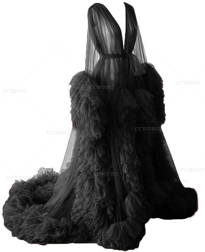 Women's Dressing Gown Perspective Sheer Long Tulle Robe Puffy Pregnancy Maternity Dress for Baby Shower Nightgown Sleepwear