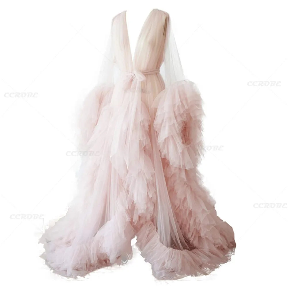 Women's Dressing Gown Perspective Sheer Long Tulle Robe Puffy Pregnancy Maternity Dress for Baby Shower Nightgown Sleepwear