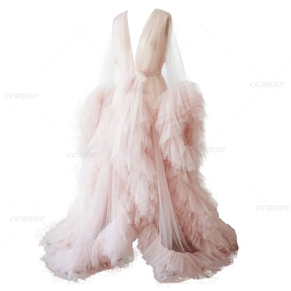 Women's Dressing Gown Perspective Sheer Long Tulle Robe Puffy Pregnancy Maternity Dress for Baby Shower Nightgown Sleepwear