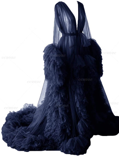Women's Dressing Gown Perspective Sheer Long Tulle Robe Puffy Pregnancy Maternity Dress for Baby Shower Nightgown Sleepwear