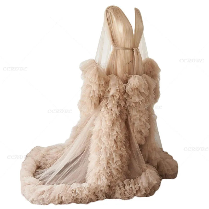 Women's Dressing Gown Perspective Sheer Long Tulle Robe Puffy Pregnancy Maternity Dress for Baby Shower Nightgown Sleepwear