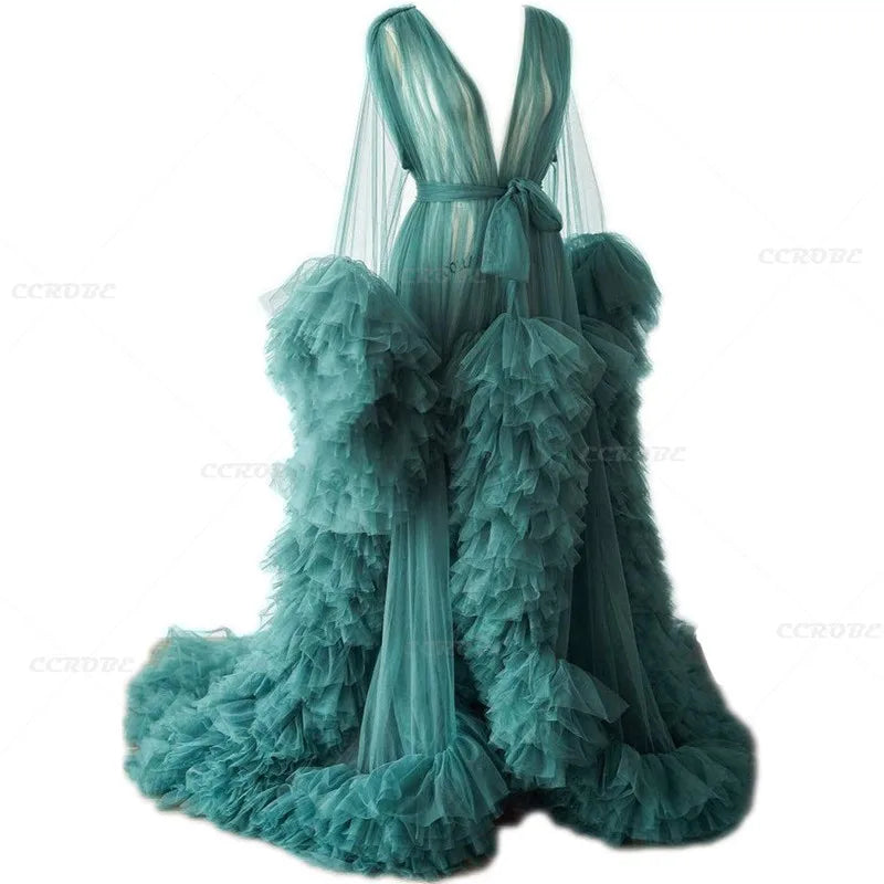Women's Dressing Gown Perspective Sheer Long Tulle Robe Puffy Pregnancy Maternity Dress for Baby Shower Nightgown Sleepwear