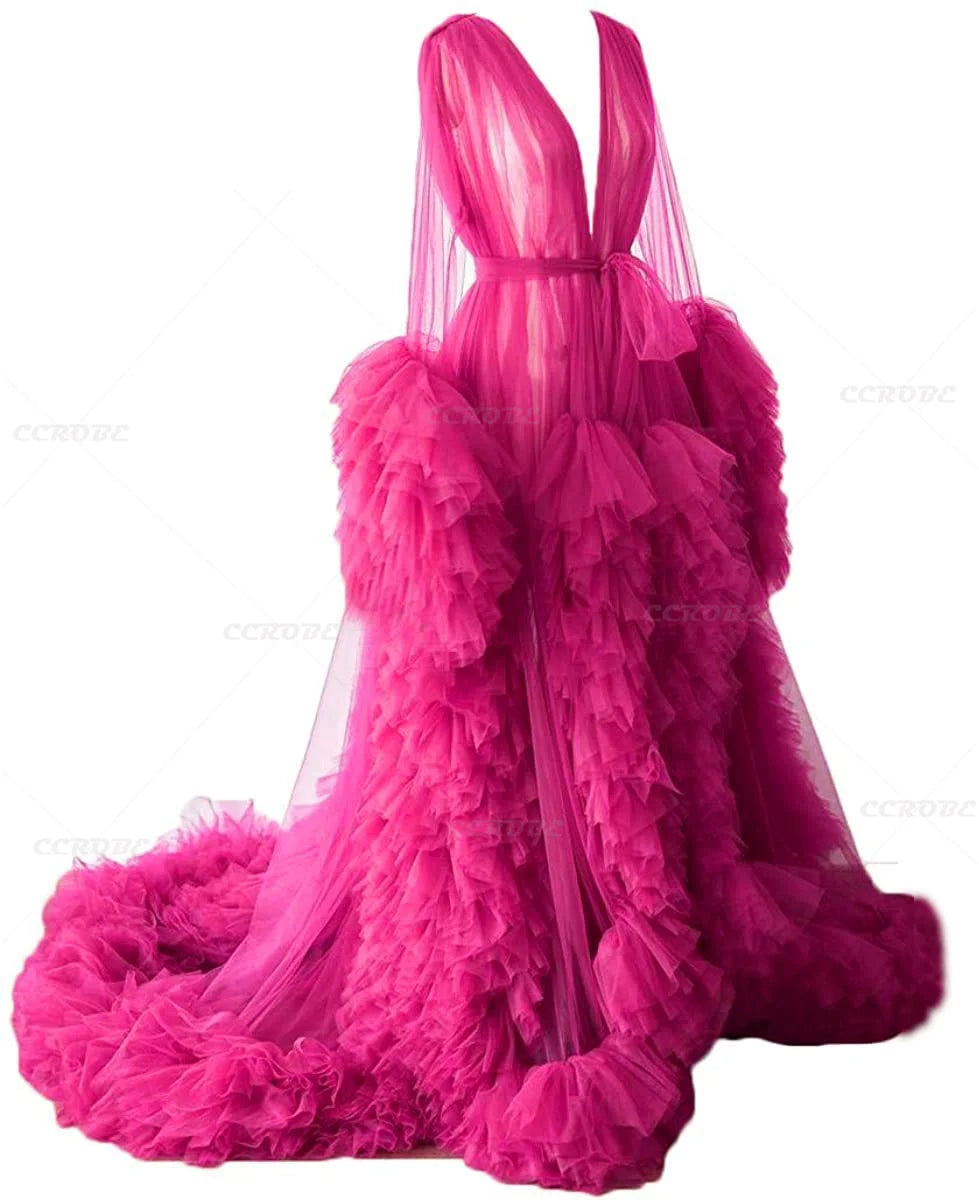 Women's Dressing Gown Perspective Sheer Long Tulle Robe Puffy Pregnancy Maternity Dress for Baby Shower Nightgown Sleepwear