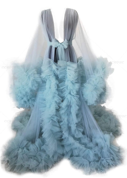 Women's Dressing Gown Perspective Sheer Long Tulle Robe Puffy Pregnancy Maternity Dress for Baby Shower Nightgown Sleepwear