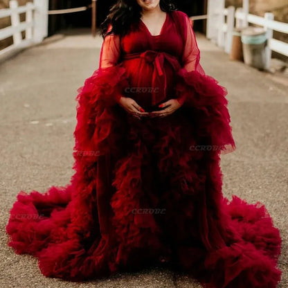 Women's Dressing Gown Perspective Sheer Long Tulle Robe Puffy Pregnancy Maternity Dress for Baby Shower Nightgown Sleepwear
