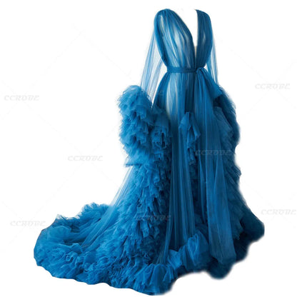 Women's Dressing Gown Perspective Sheer Long Tulle Robe Puffy Pregnancy Maternity Dress for Baby Shower Nightgown Sleepwear
