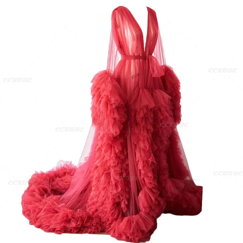 Women's Dressing Gown Perspective Sheer Long Tulle Robe Puffy Pregnancy Maternity Dress for Baby Shower Nightgown Sleepwear