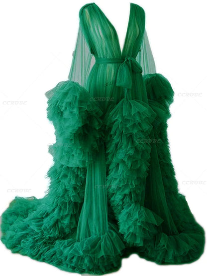 Women's Dressing Gown Perspective Sheer Long Tulle Robe Puffy Pregnancy Maternity Dress for Baby Shower Nightgown Sleepwear