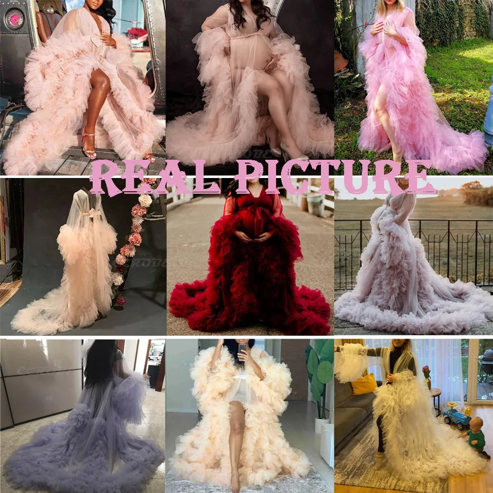 Women's Dressing Gown Perspective Sheer Long Tulle Robe Puffy Pregnancy Maternity Dress for Baby Shower Nightgown Sleepwear