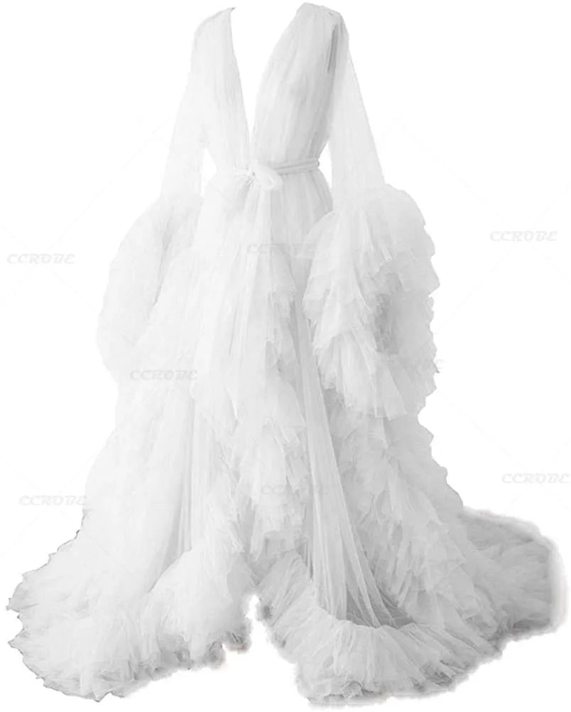 Women's Dressing Gown Perspective Sheer Long Tulle Robe Puffy Pregnancy Maternity Dress for Baby Shower Nightgown Sleepwear