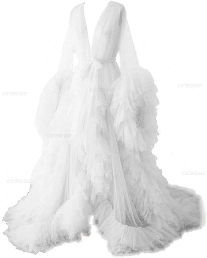 Women's Dressing Gown Perspective Sheer Long Tulle Robe Puffy Pregnancy Maternity Dress for Baby Shower Nightgown Sleepwear