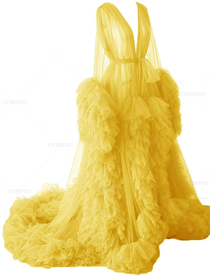 Women's Dressing Gown Perspective Sheer Long Tulle Robe Puffy Pregnancy Maternity Dress for Baby Shower Nightgown Sleepwear
