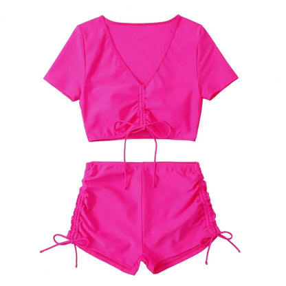 Women Summer Bikini Set V-Neck Short Sleeve Tops High Waist Drawstring Swimming Trunks Swimsuit bikini swimwear 2024