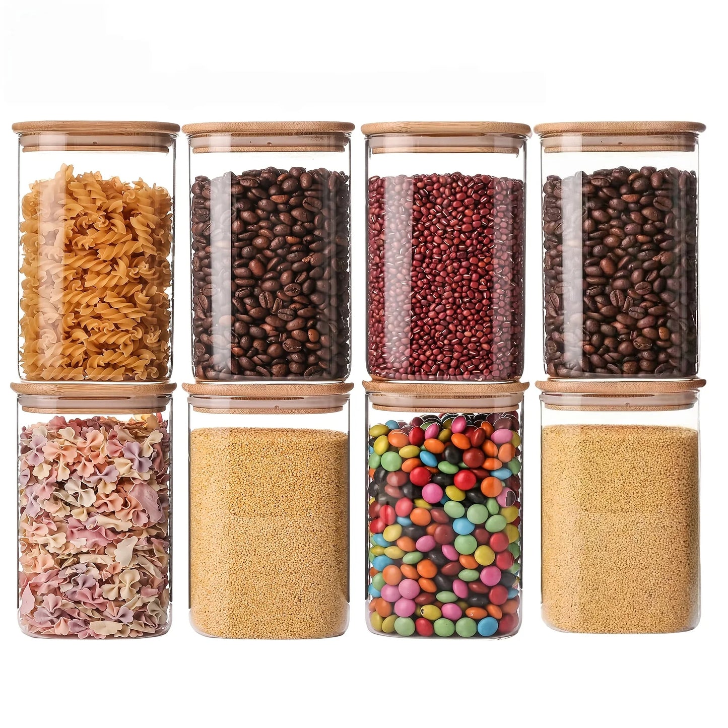   2/4/6/8Pcs Square Glass Sealed Jars, Kitchen Organizers, Storage Containers with Bamboo Lids, Glass Jars, Multi-Capacity Combination Set, Coffee Storage Containers, Suitable for Kitchen Spices, Coffee, Grains, Candies, Coo