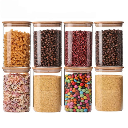   2/4/6/8Pcs Square Glass Sealed Jars, Kitchen Organizers, Storage Containers with Bamboo Lids, Glass Jars, Multi-Capacity Combination Set, Coffee Storage Containers, Suitable for Kitchen Spices, Coffee, Grains, Candies, Coo