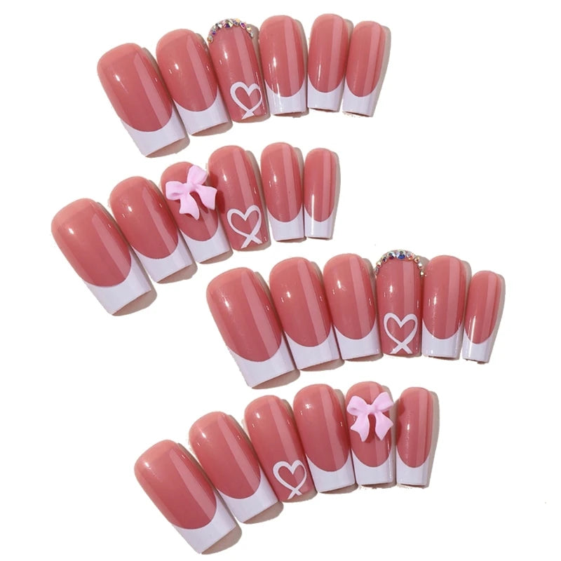Fashionable Bows Square Press On Nails 24 Pcs French Tip Acrylic False Nails Drop Shipping