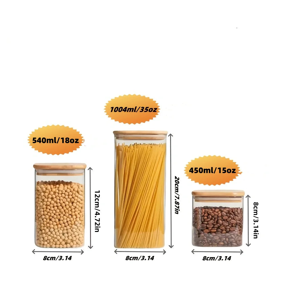   2/4/6/8Pcs Square Glass Sealed Jars, Kitchen Organizers, Storage Containers with Bamboo Lids, Glass Jars, Multi-Capacity Combination Set, Coffee Storage Containers, Suitable for Kitchen Spices, Coffee, Grains, Candies, Coo