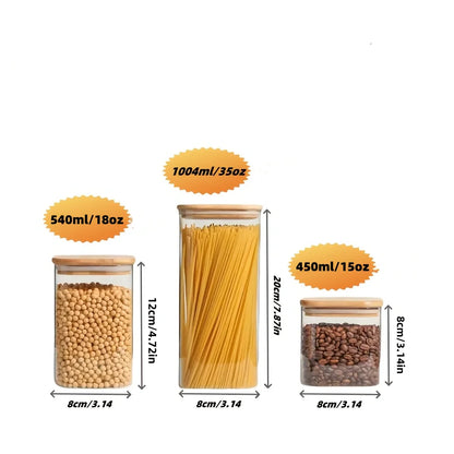   2/4/6/8Pcs Square Glass Sealed Jars, Kitchen Organizers, Storage Containers with Bamboo Lids, Glass Jars, Multi-Capacity Combination Set, Coffee Storage Containers, Suitable for Kitchen Spices, Coffee, Grains, Candies, Coo