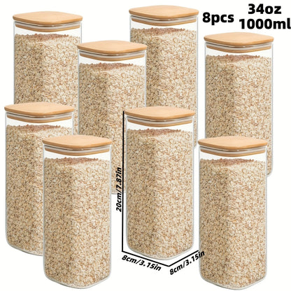   2/4/6/8Pcs Square Glass Sealed Jars, Kitchen Organizers, Storage Containers with Bamboo Lids, Glass Jars, Multi-Capacity Combination Set, Coffee Storage Containers, Suitable for Kitchen Spices, Coffee, Grains, Candies, Coo