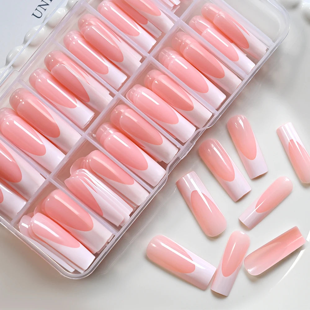 120Pcs Glossy Pink French Press On Nails 12-Sizes Long Square Fake Nails White Edge Design Full Cover False French Nails Tips t