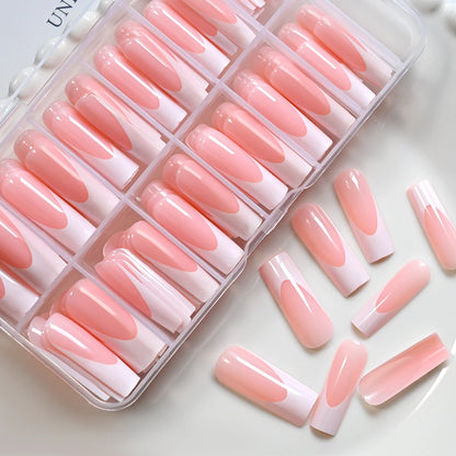 120Pcs Glossy Pink French Press On Nails 12-Sizes Long Square Fake Nails White Edge Design Full Cover False French Nails Tips t