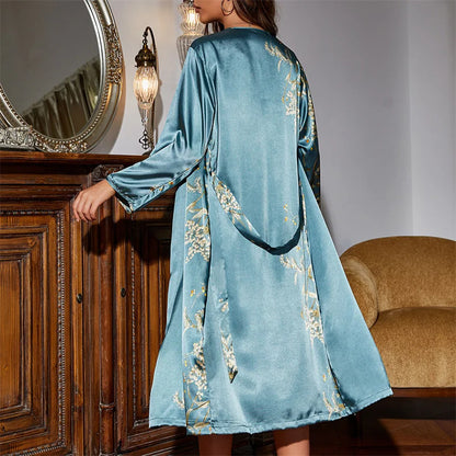 Two-piece Tie Nightgown Set Printed Sleepwear Women Satin Nightgown Sexy Suspender Dress Summer Home Clothes