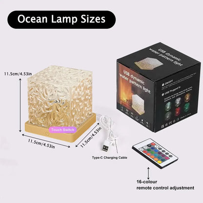 3/16 Colors Water Ripple Projector Dynamic Rotating LED Night Light with Remote Dimming Family Bedroom Romantic Ocean Decor Lamp