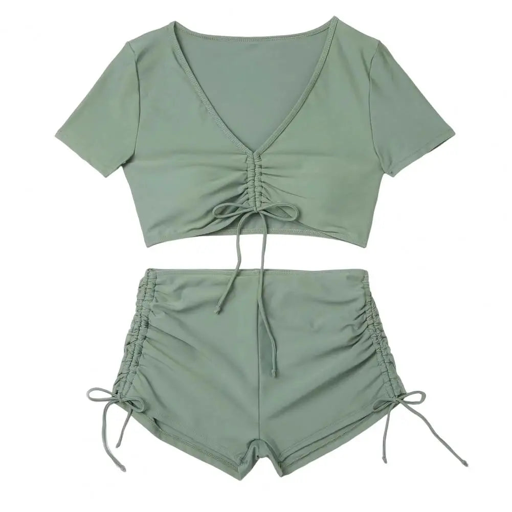 Women Summer Bikini Set V-Neck Short Sleeve Tops High Waist Drawstring Swimming Trunks Swimsuit bikini swimwear 2024