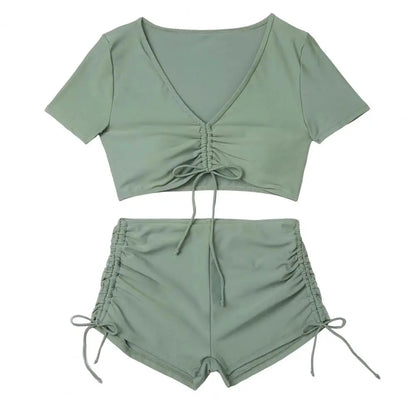 Women Summer Bikini Set V-Neck Short Sleeve Tops High Waist Drawstring Swimming Trunks Swimsuit bikini swimwear 2024