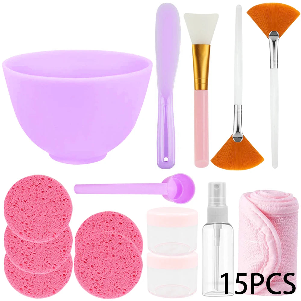 15pcs Face Skin Care Set Beauty Tools Mask Mixing Bowl Silicone Facial Mask Brushes Compressed Facial Sponges Spray Beauty Tool