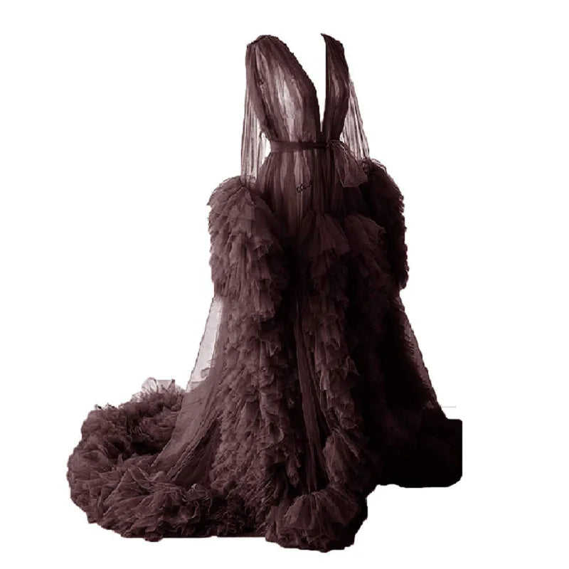 Women's Dressing Gown Perspective Sheer Long Tulle Robe Puffy Pregnancy Maternity Dress for Baby Shower Nightgown Sleepwear