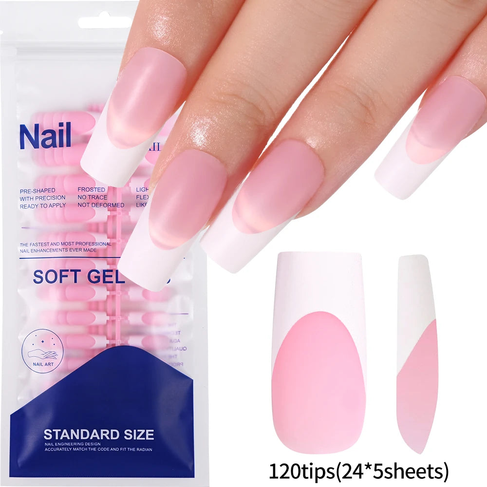 120Pcs Glossy Pink French Press On Nails 12-Sizes Long Square Fake Nails White Edge Design Full Cover False French Nails Tips t