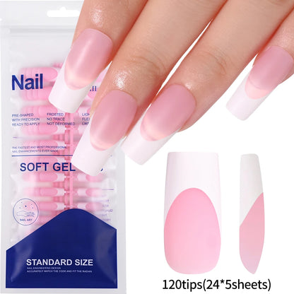 120Pcs Glossy Pink French Press On Nails 12-Sizes Long Square Fake Nails White Edge Design Full Cover False French Nails Tips t