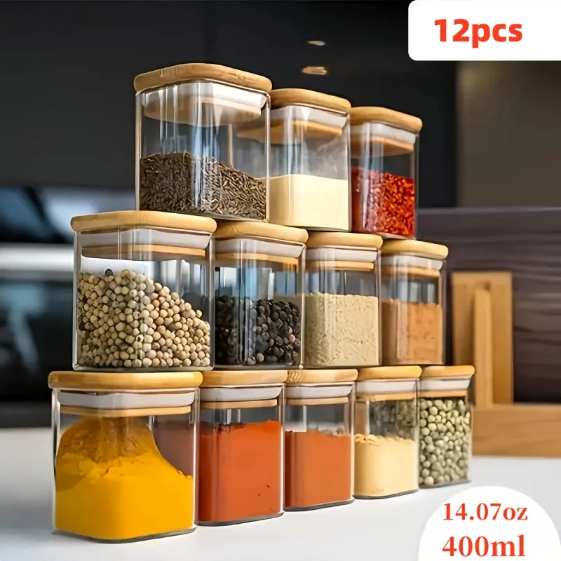   2/4/6/8Pcs Square Glass Sealed Jars, Kitchen Organizers, Storage Containers with Bamboo Lids, Glass Jars, Multi-Capacity Combination Set, Coffee Storage Containers, Suitable for Kitchen Spices, Coffee, Grains, Candies, Coo