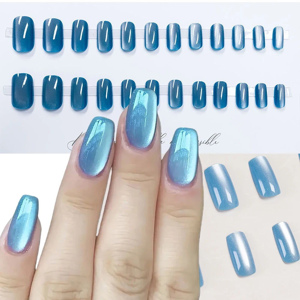 24/96pcs Short Square Water Light Blue Cat Eye Press on Nails Glossy Reusable Full Cover False Nails Finished Wearable Nail Tips