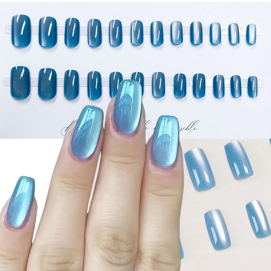 24/96pcs Short Square Water Light Blue Cat Eye Press on Nails Glossy Reusable Full Cover False Nails Finished Wearable Nail Tips