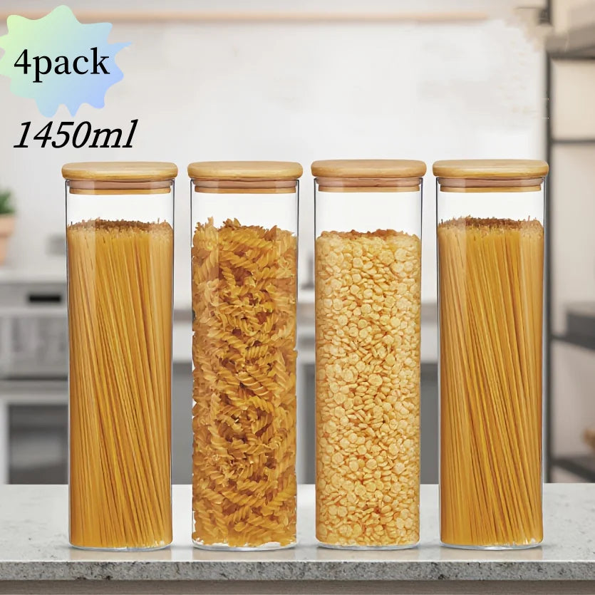   2/4/6/8Pcs Square Glass Sealed Jars, Kitchen Organizers, Storage Containers with Bamboo Lids, Glass Jars, Multi-Capacity Combination Set, Coffee Storage Containers, Suitable for Kitchen Spices, Coffee, Grains, Candies, Coo