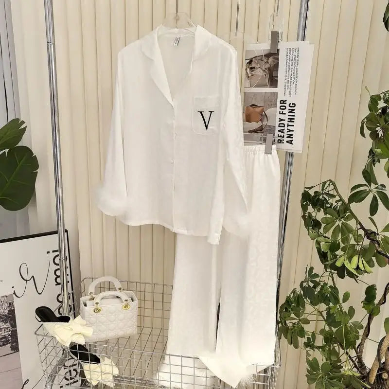 Leopard Pajamas Set Women's Sleepwear Fashion Feather Patchwork Shirty&pants Luxury Outfit Lady Casual Homewear Nightwear