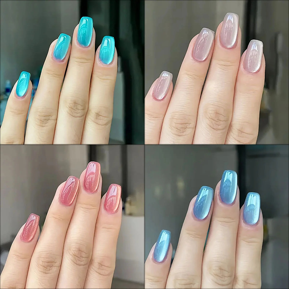 24/96pcs Short Square Water Light Blue Cat Eye Press on Nails Glossy Reusable Full Cover False Nails Finished Wearable Nail Tips