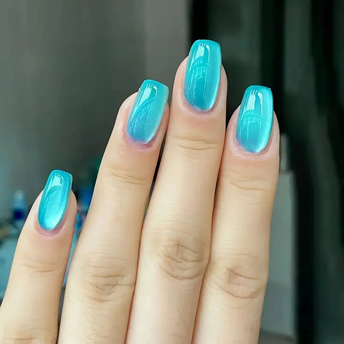 24/96pcs Short Square Water Light Blue Cat Eye Press on Nails Glossy Reusable Full Cover False Nails Finished Wearable Nail Tips