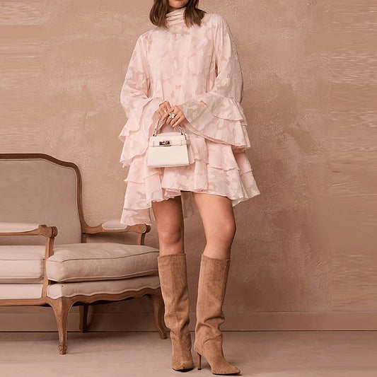 Women Fashion Half High Neck Short Dress Elegant Hight Waist Flared Sleeve Solid Mini Dress Casual Jacquard Loose Party Dresses