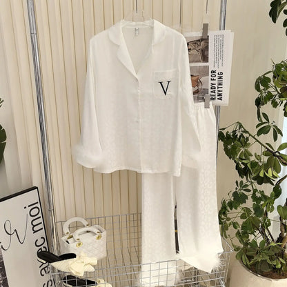 Leopard Pajamas Set Women's Sleepwear Fashion Feather Patchwork Shirty&pants Luxury Outfit Lady Casual Homewear Nightwear