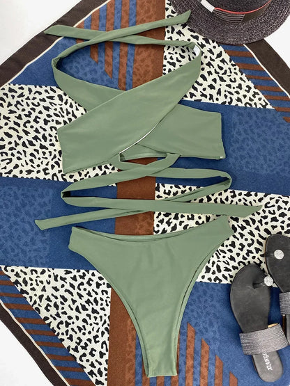 Halter Cross Bandage High Cut Bikini Female Swimsuit Women Swimwear Two-pieces Bikini Set Hollow Out Bather Bathing Suit Swim